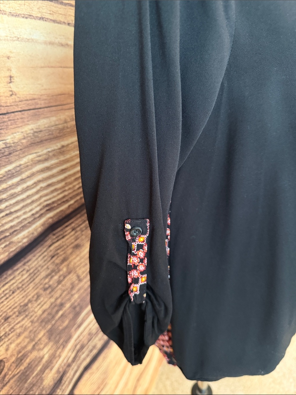 Hem & Thread Black Wrap Front Blouse with Embroidered Sleeve - Picture 4 of 7